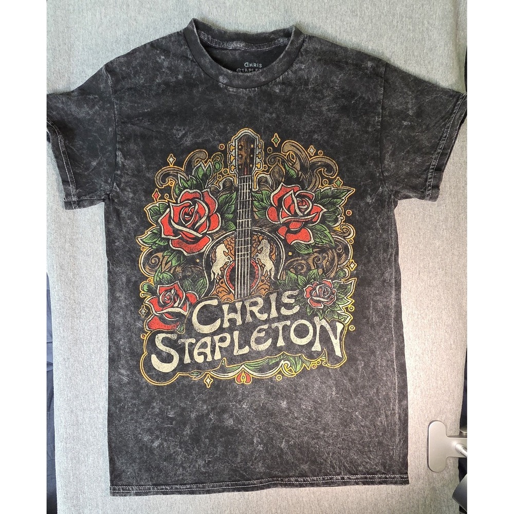 Chris Stapleton Acid Wash Gray Graphic T-Shirt Roses Guitar, Size S